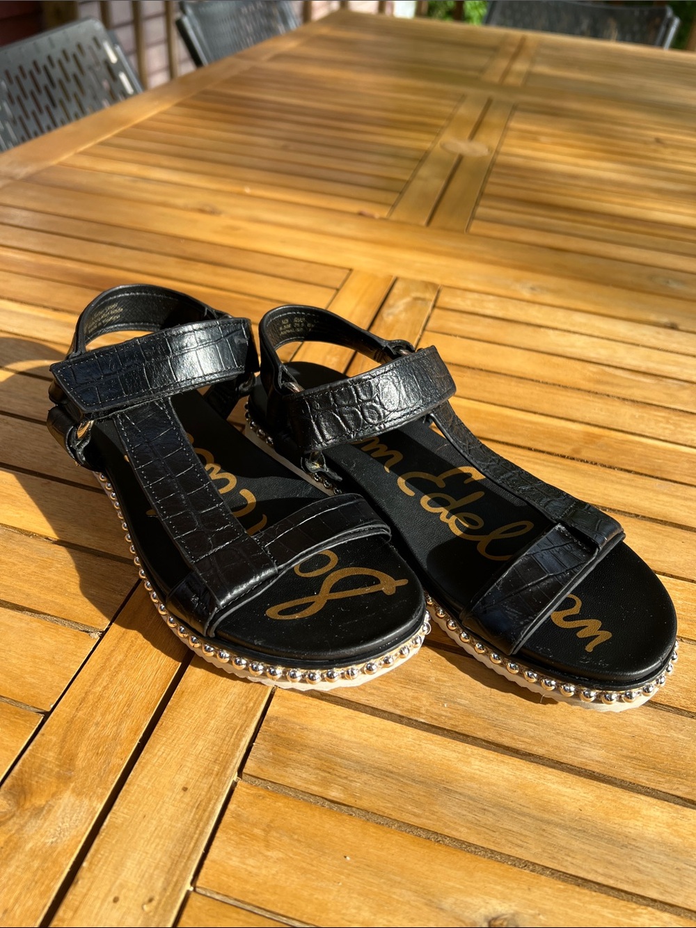 Sam Edelman Black Croc-Embossed Leather Studded Sandals